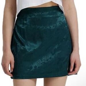 Dark Green Satin Jacquard Flora Print Mini Skirt - Size S